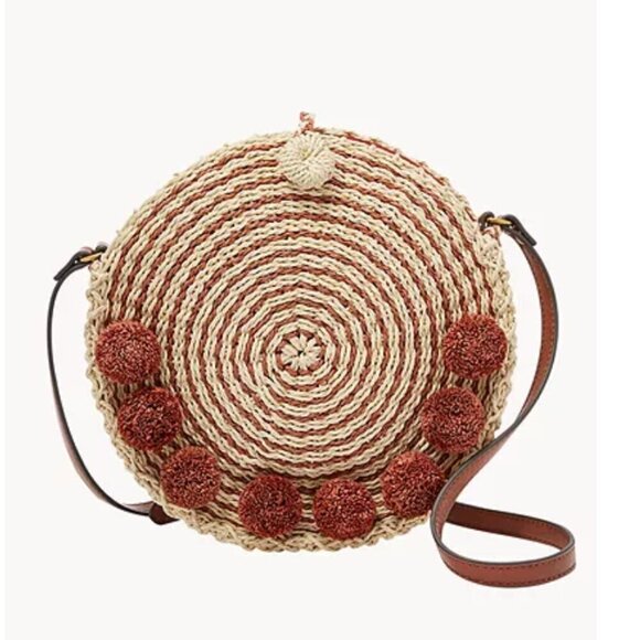 Fossil Faye Crossbody paper straw pom pom round purse NWOT - Picture 1 of 11